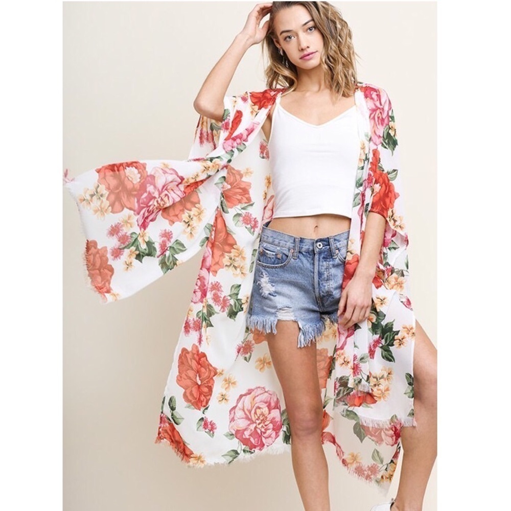 Sheer Floral Print Open Front Kimono Wrap